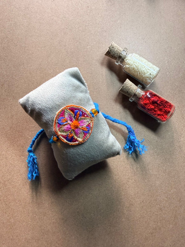 Floral Mandala Disc Rakhi - Blue Thread image 1