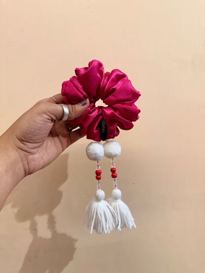 Satin Tassel Scrunchie - Hot Pink