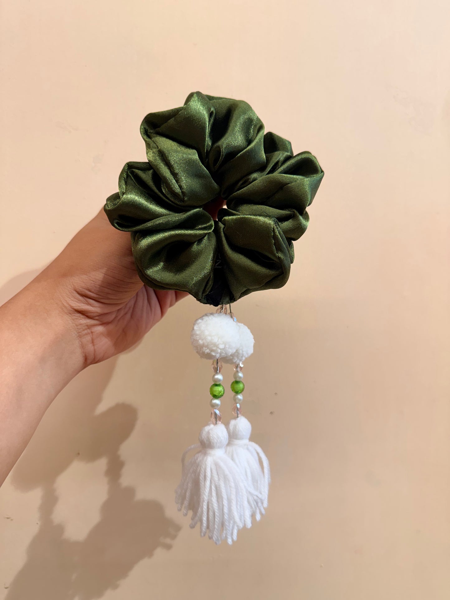 Satin Tassel Scrunchie - Olive Green
