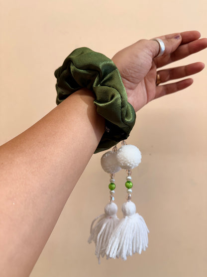 Satin Tassel Scrunchie - Olive Green