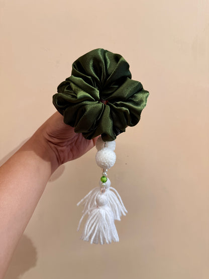 Satin Tassel Scrunchie - Olive Green