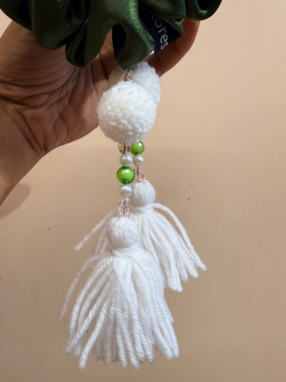 Satin Tassel Scrunchie - Olive Green