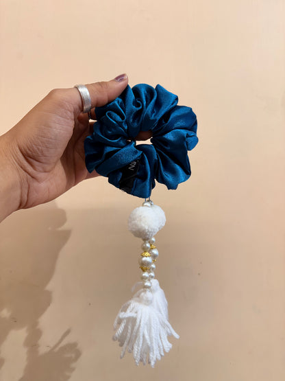 Satin Tassel Scrunchie - Peacock Blue