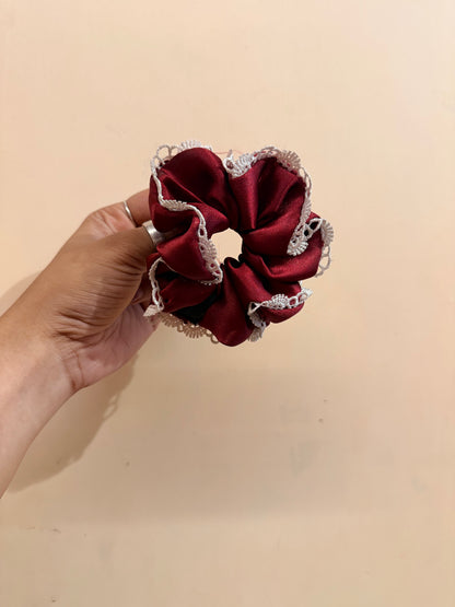 Satin Lace Scrunchie - Burgundy