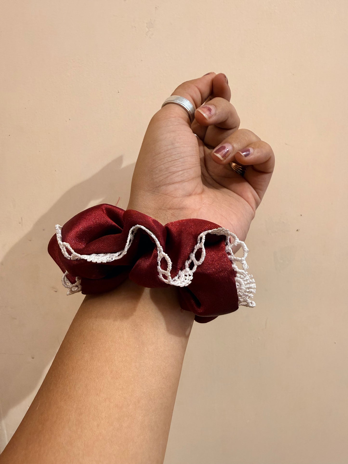 Satin Lace Scrunchie - Burgundy