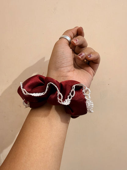 Satin Lace Scrunchie - Burgundy