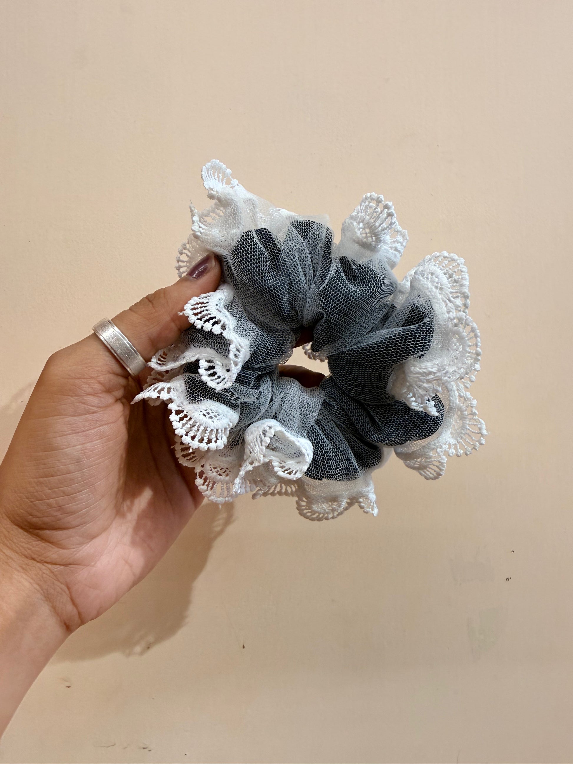 Organza Net Lace Scrunchie - Powdered Black
