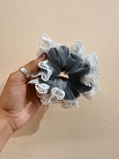 Organza Net Lace Scrunchie - Powdered Black