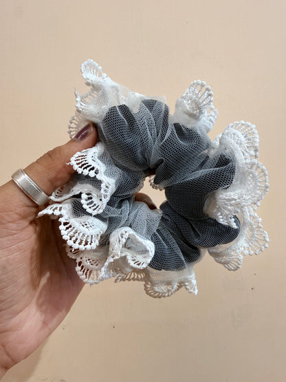 Organza Net Lace Scrunchie - Powdered Black