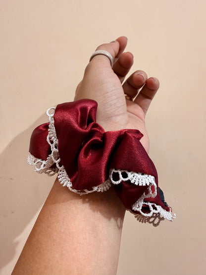 Satin Lace Scrunchie - Burgundy