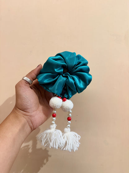 Satin Tassel Scrunchie - Sea Blue