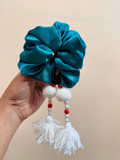 Satin Tassel Scrunchie - Sea Blue