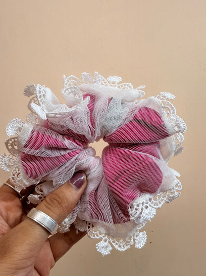 Organza Net Lace Scrunchie - Powdered Pink