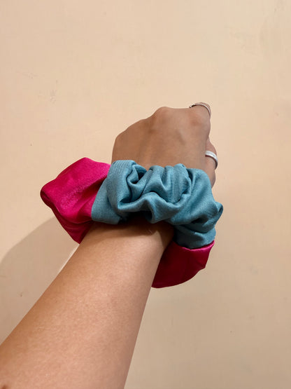Satin Dual Colour Scrunchie - Teal & Hot Pink