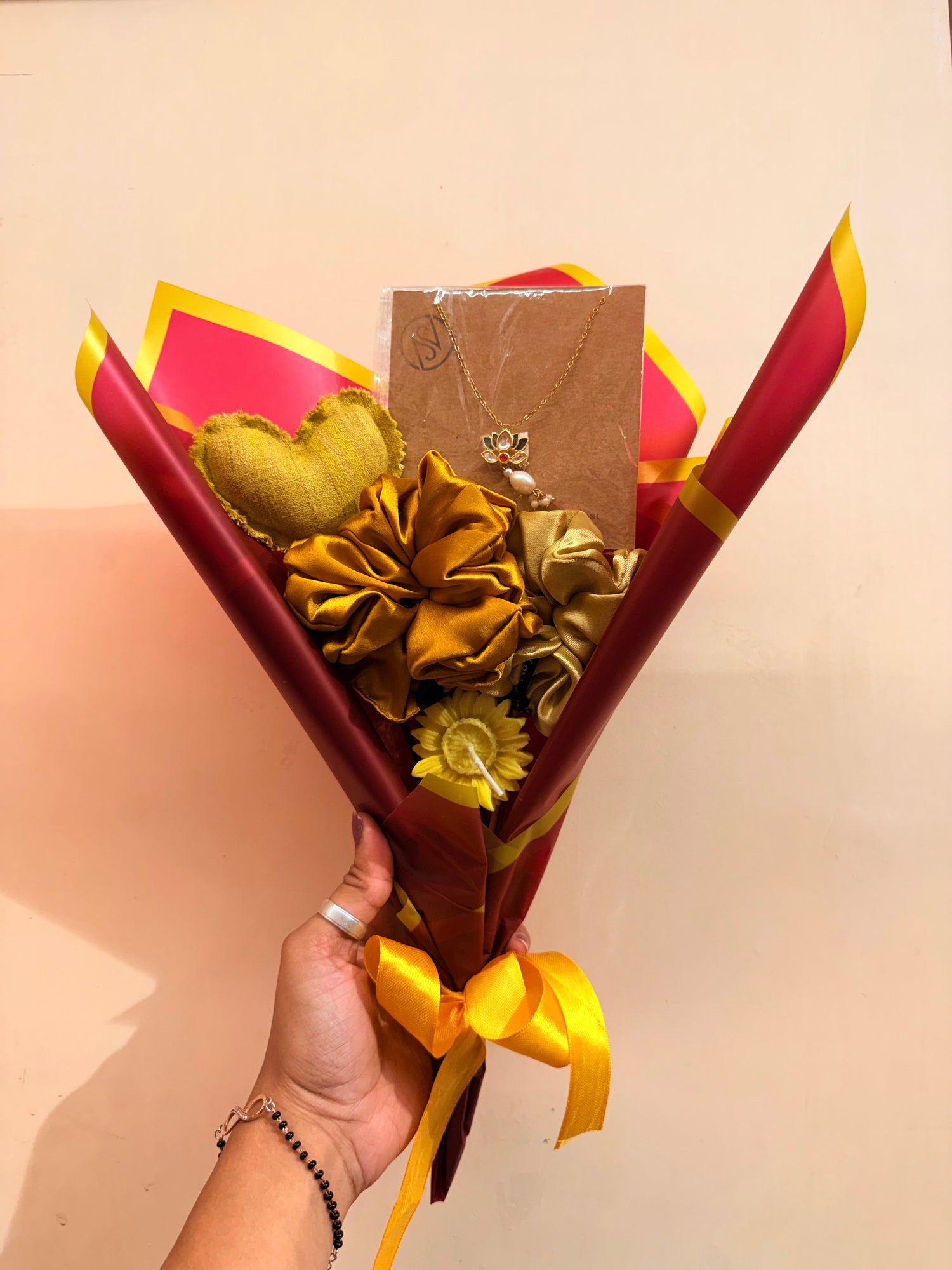 Golden scrunchie bouquet with pendant necklace Rakhi gift