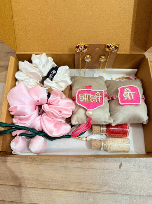 Bhai Shree Rakhi gift box with scrunchies and pouches