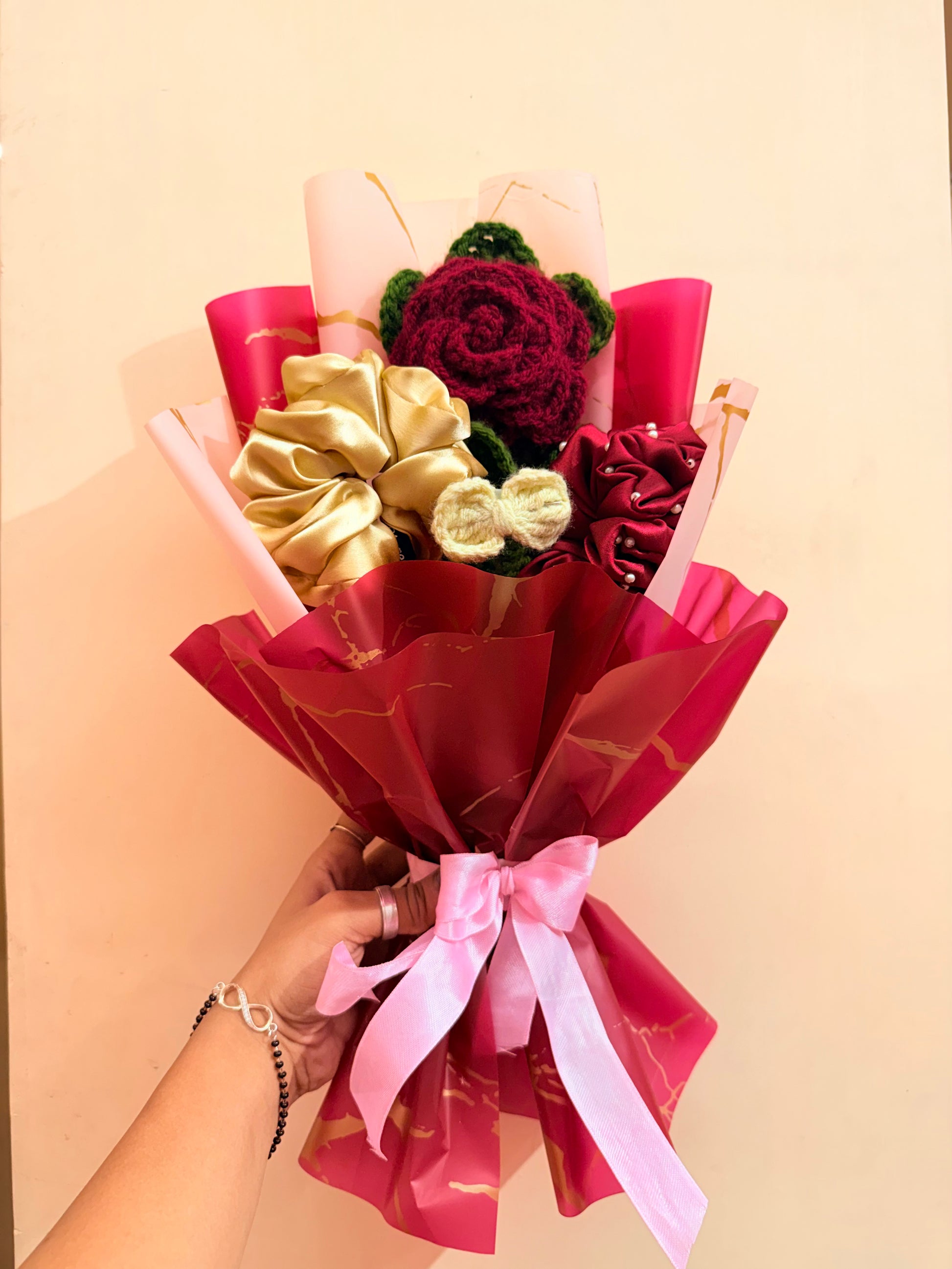 Maroon rose scrunchie bouquet Rakhi return gift