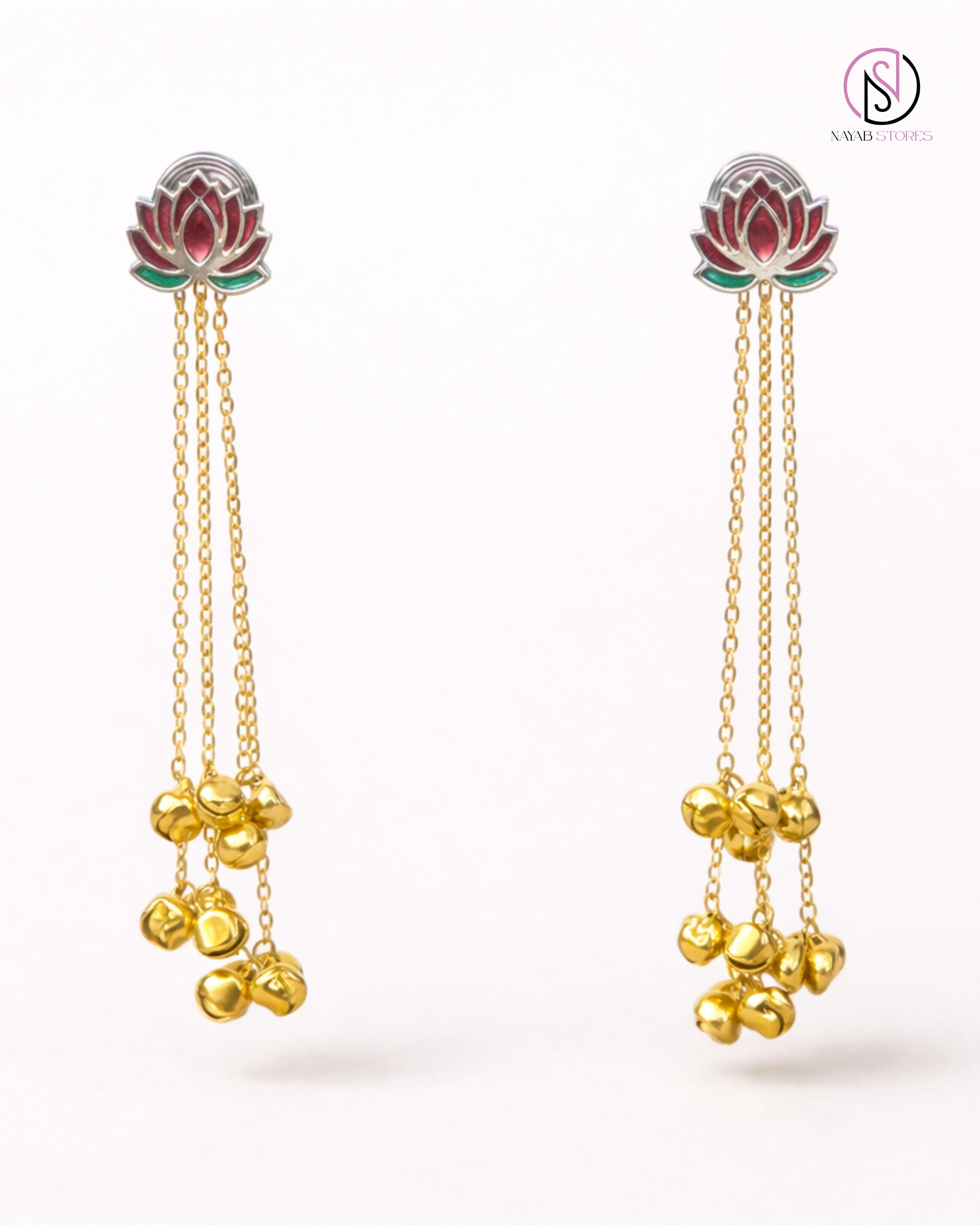 Red Lotus Chain Drop Earrings | Handcrafted Temple-Inspired Statement Earrings
