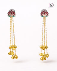 Red Lotus Chain Drop Earrings | Handcrafted Temple-Inspired Statement Earrings