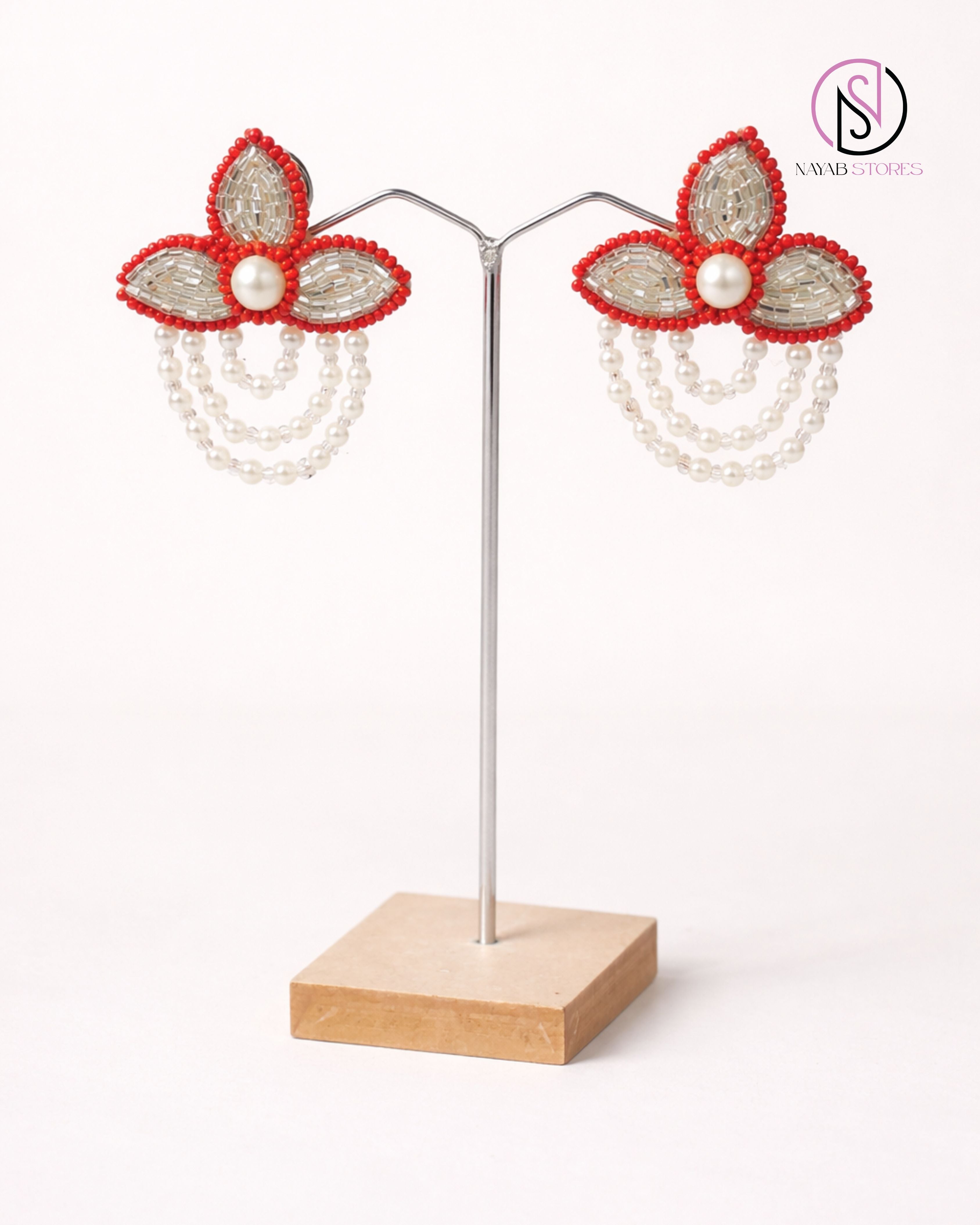 Coral Blossom Pearl Drop Earrings | Handcrafted Beaded Statement Earrings