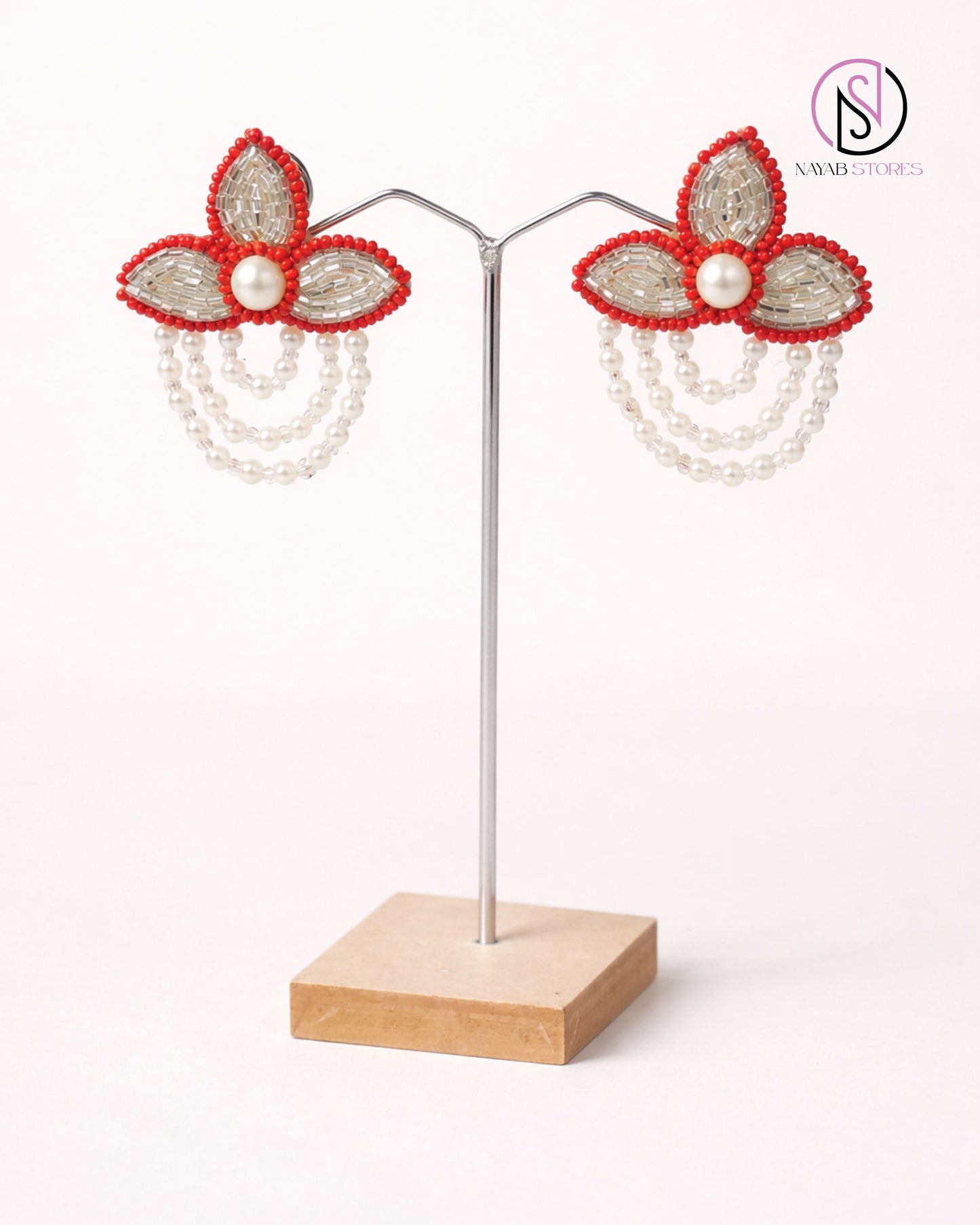 Coral Blossom Pearl Drop Earrings | Handcrafted Beaded Statement Earrings