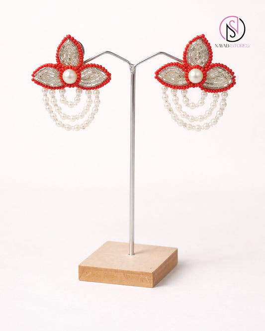 Coral Blossom Pearl Drop Earrings | Handcrafted Beaded Statement Earrings