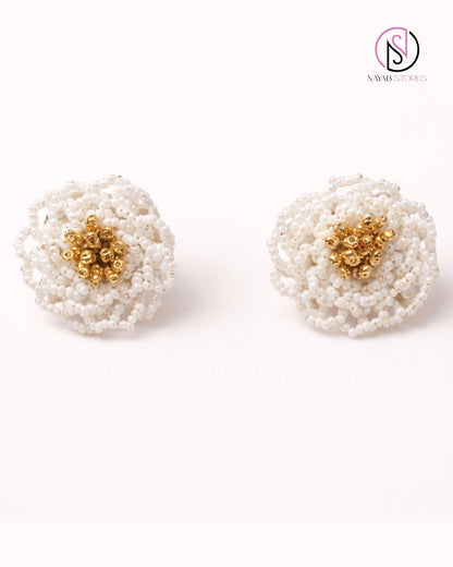Ivory Bloom Handcrafted Beaded Earrings | White Floral Seed Bead Earrings
