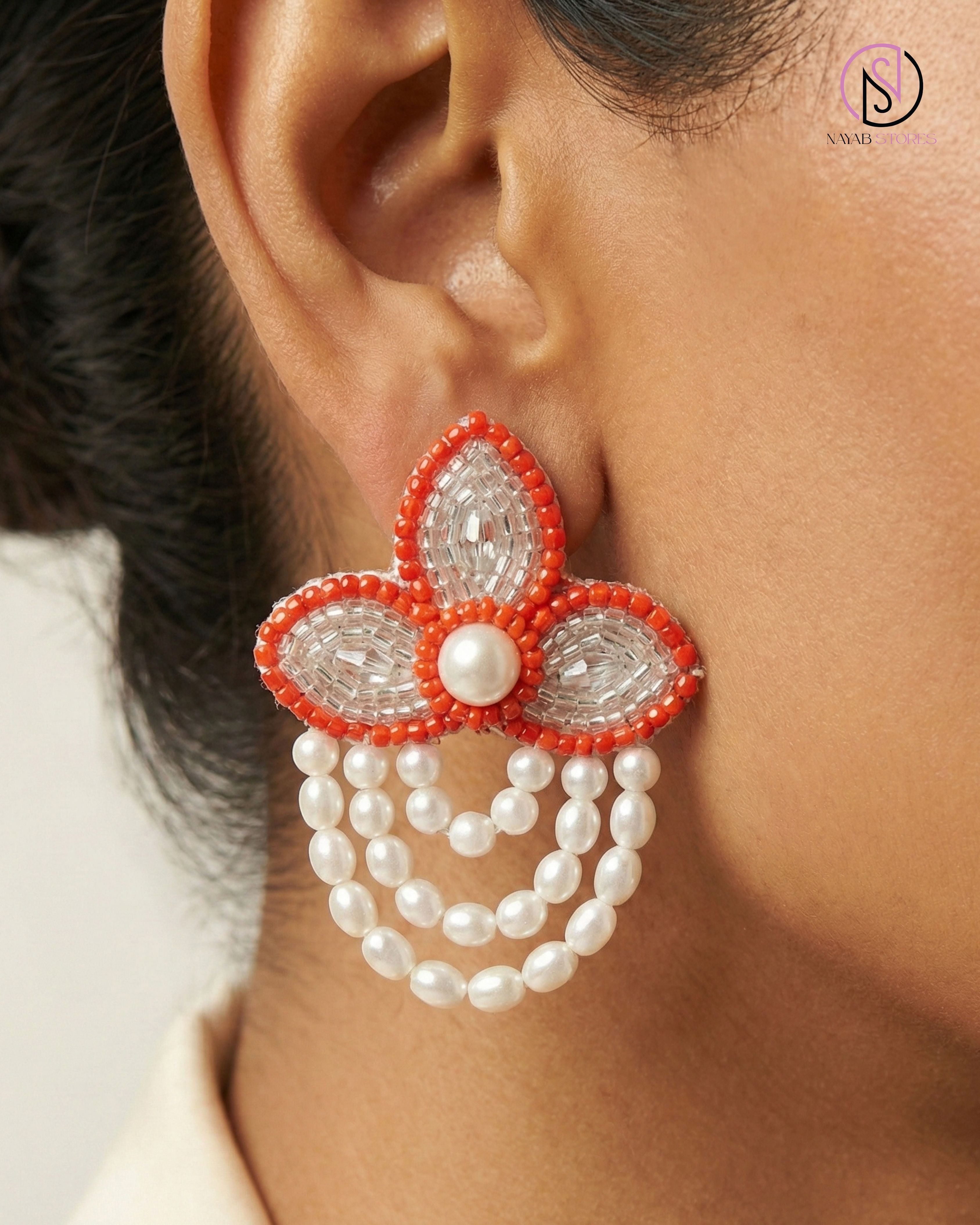 Coral Blossom Pearl Drop Earrings | Handcrafted Beaded Statement Earrings