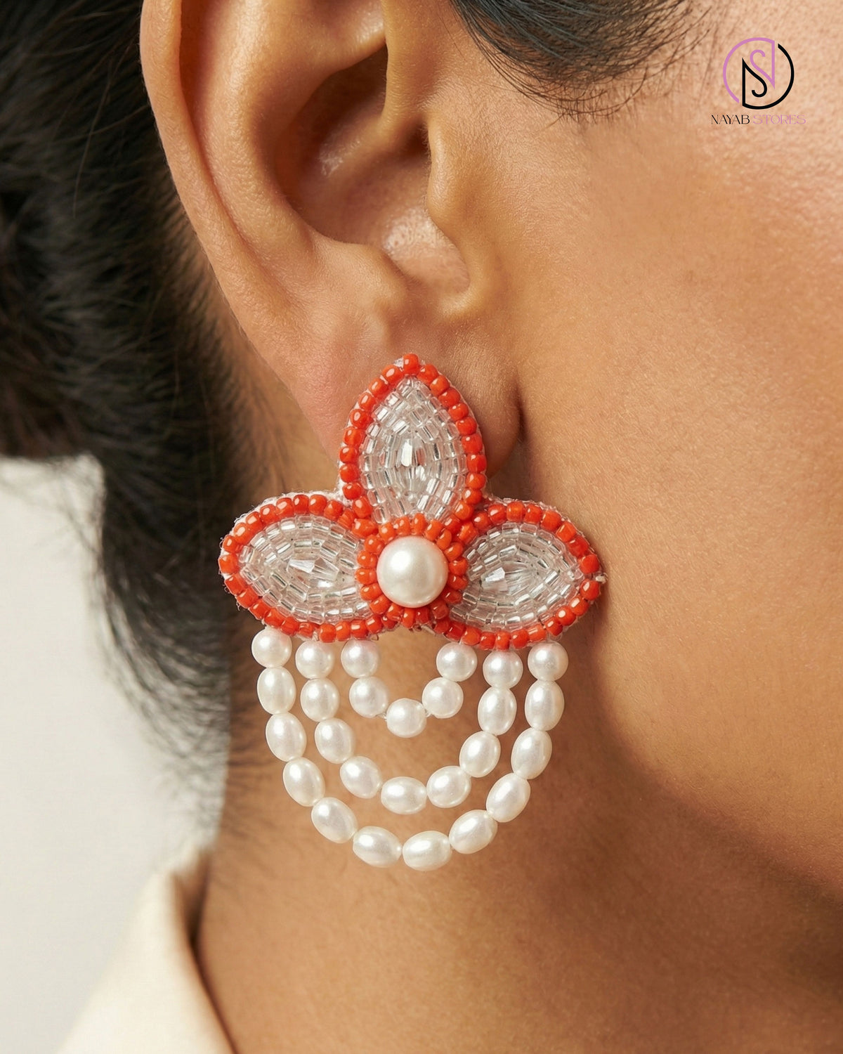 Coral Blossom Pearl Drop Earrings | Handcrafted Beaded Statement Earrings