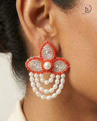 Coral Blossom Pearl Drop Earrings | Handcrafted Beaded Statement Earrings