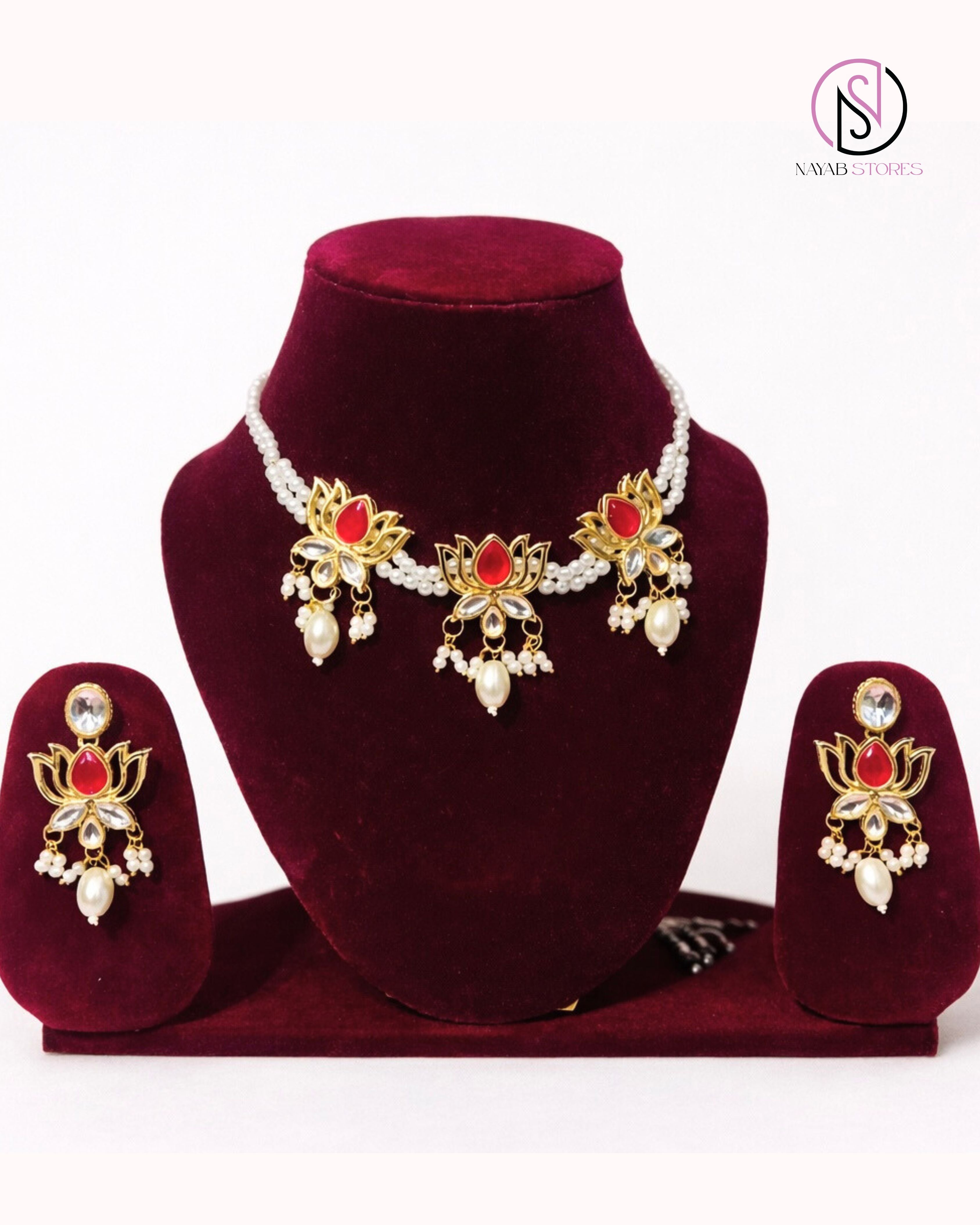 Red Lotus Pearl Necklace Set with Earrings | Handcrafted Temple-Inspired Jewellery Set