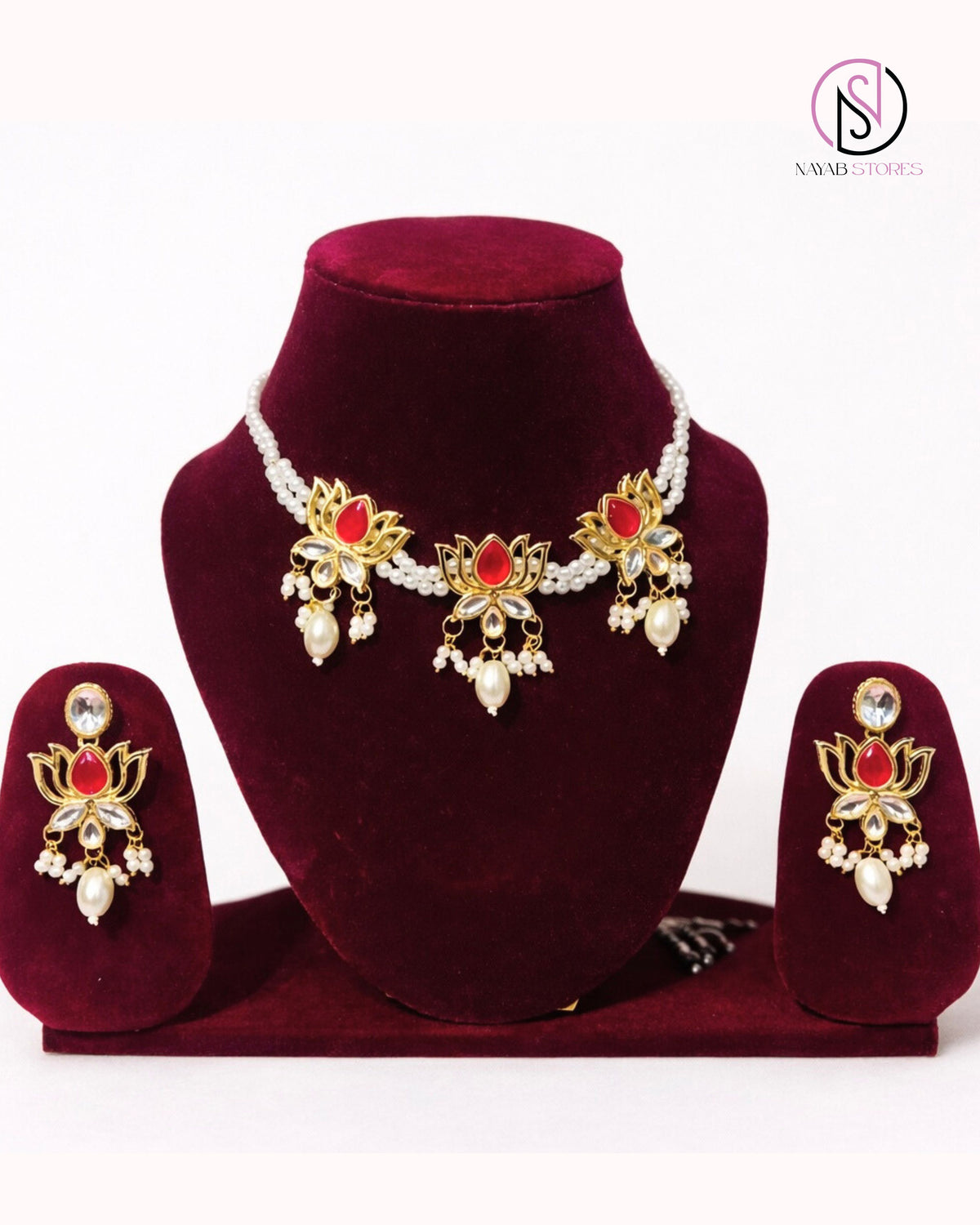 Red Lotus Pearl Necklace Set with Earrings | Handcrafted Temple-Inspired Jewellery Set