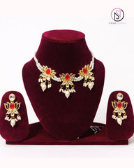 Red Lotus Pearl Necklace Set with Earrings | Handcrafted Temple-Inspired Jewellery Set