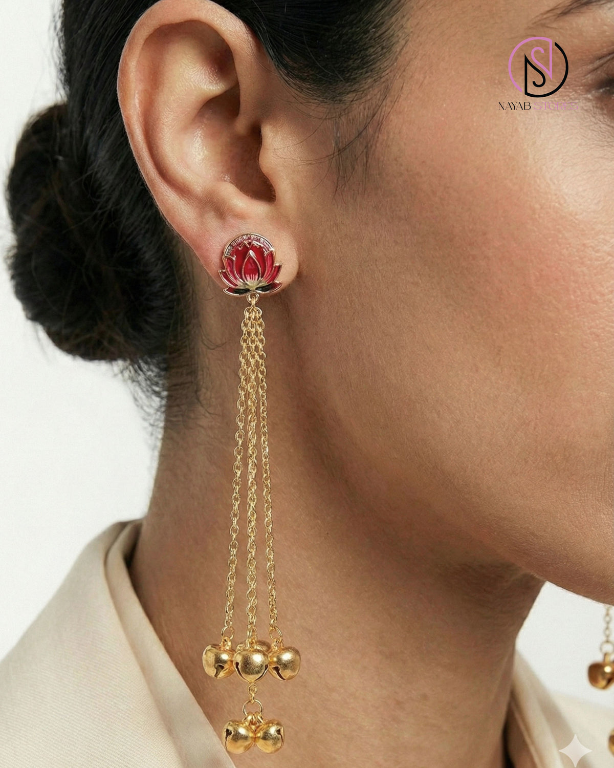Red Lotus Chain Drop Earrings | Handcrafted Temple-Inspired Statement Earrings