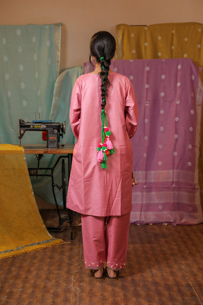 Pink Viscose Hand Embroidered Kurta Pant Set for Women