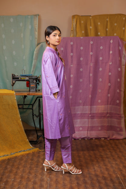 Purple Viscose Hand Embroidered Kurta Set for Women